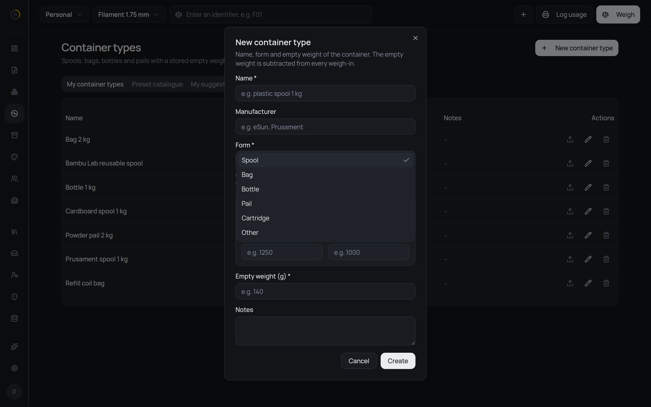 The new container type dialog over a list of seven container types, with the form dropdown open showing spool, bag, bottle, pail, cartridge and other, and partly behind it the calculator that works out the empty weight from the weight of a full container and its nominal fill.