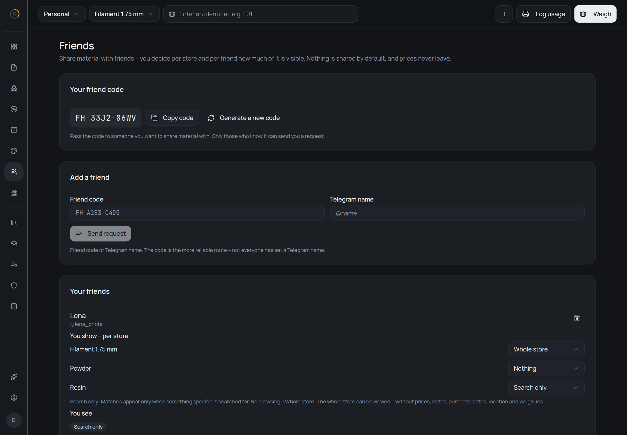 The friends page: a friend code card, a form to add a friend by code or Telegram name, and a friend's card listing all three of your stores with their own sharing level — whole store, nothing and search only — above a single read-only line showing what that friend shows you.