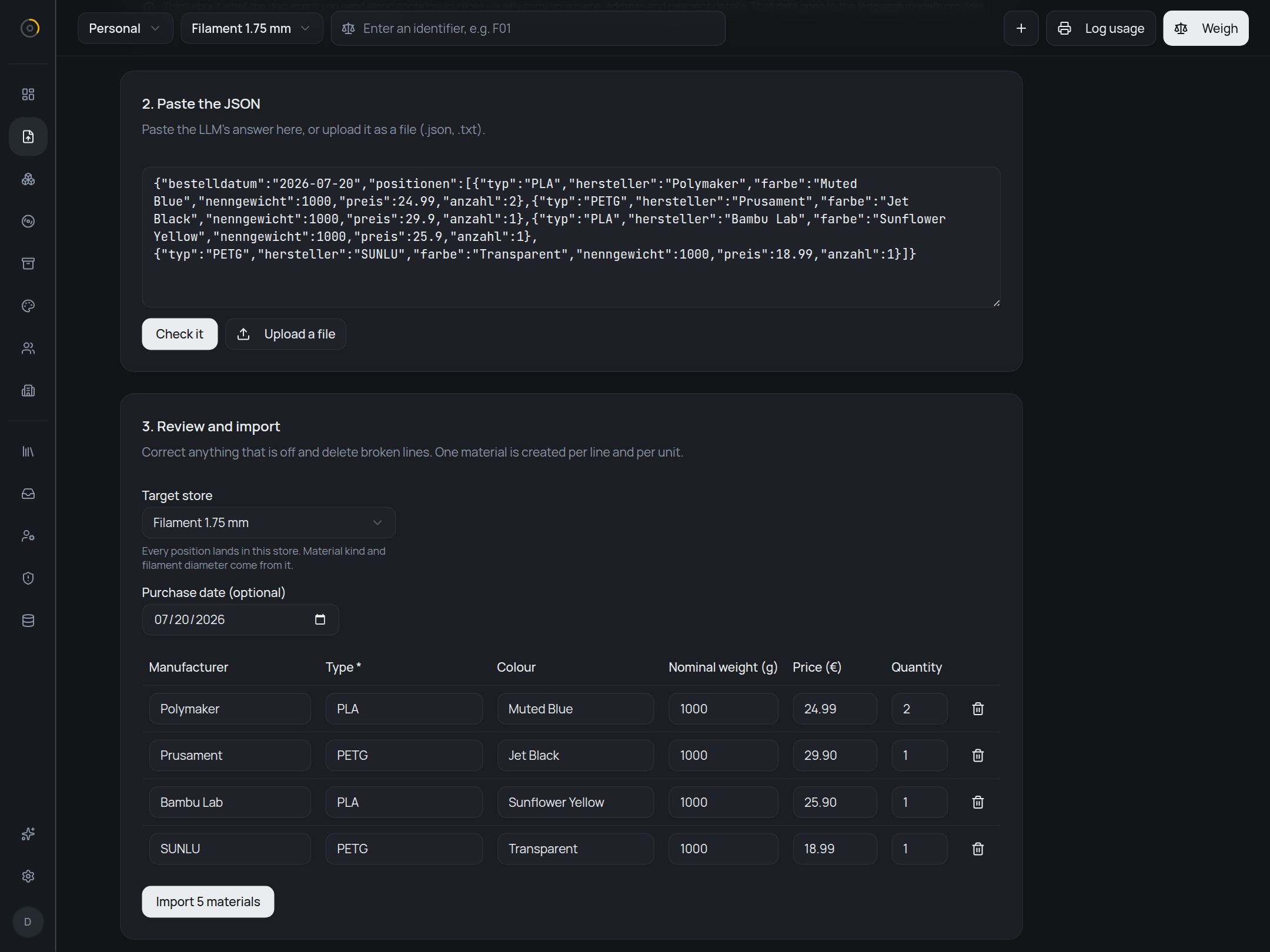 The import page: pasted JSON with German keys in a text area, and below it the review step with a picker for the target store, a purchase date, a table of four order lines from Polymaker, Prusament, Bambu Lab and SUNLU, and a button labelled import 5 materials.