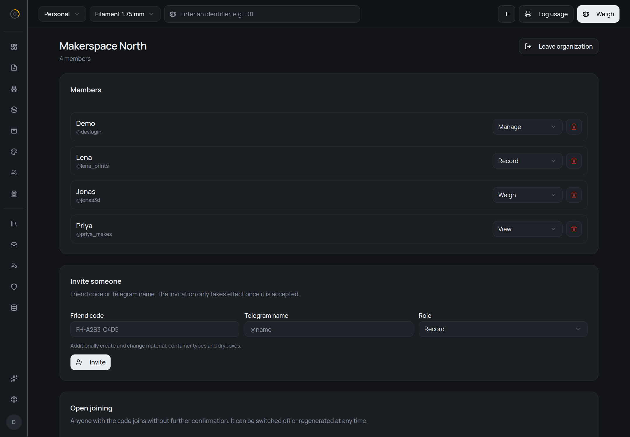An organization page for Makerspace North with four members at the levels manage, record, weigh and view, a card for inviting someone by friend code or Telegram name with the level the invitation carries, and the start of the open joining card below it.